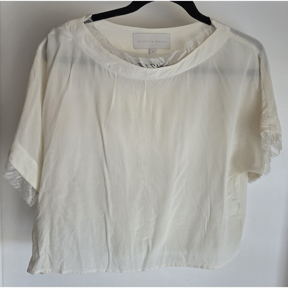 Michelle Mason Silk Blouse 0 Ivory Short Sleeve Round Neck Top Lace Trim